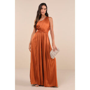 Lulus Exquisite Always Rust Orange Pleated Satin One-shoulder Jumpsuit - Size XS